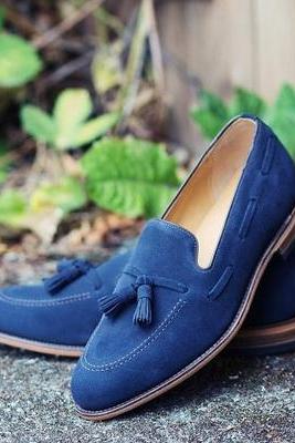 Men Handmade Awesome New Look Stylish Blue Tone Moccasin Tassels Loafer in Genuine Suede Shoes