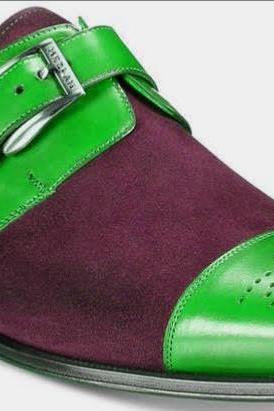  Handmade Men Customize Multi Color Monk Shoes in Genuine Leather Suede