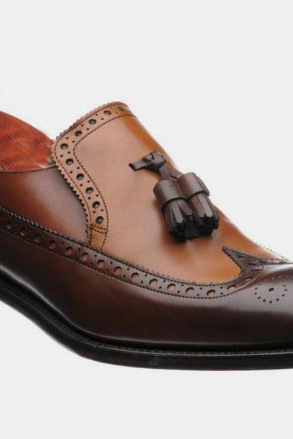 Hand Craft Party Look Moccasin Brown Black Wing Tip Brogue Tassels Loafer Fashion Shoes in Genuine Leather