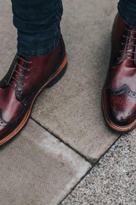 Handmade Customize Elegant Brogue Burgundy Black Tone Wing Tip Ankle High Lace Up Boot in Genuine Leather