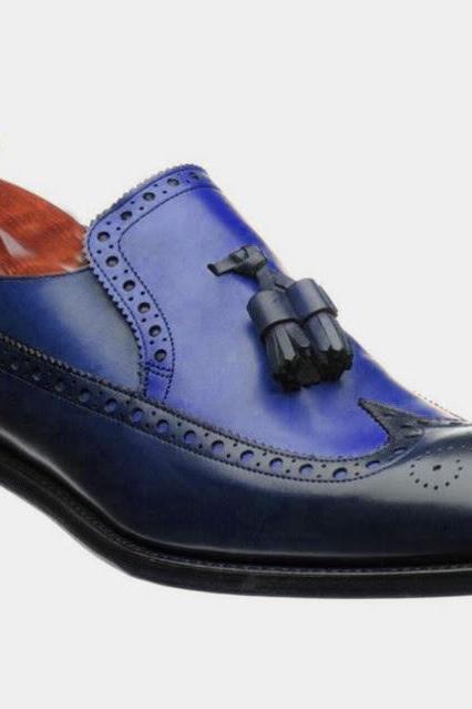 Designer Hand Craft Awesome Customize Royal Blue Wing Tip Tassels Loafer Shoes in Genuine Leather