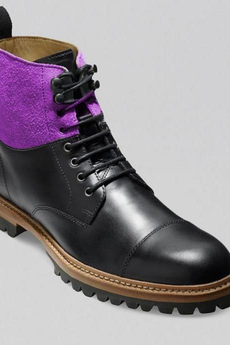 Latest Designer Hand Craft Cap Toe Lace Up Black Purplish Leather Suede Ankle Boot