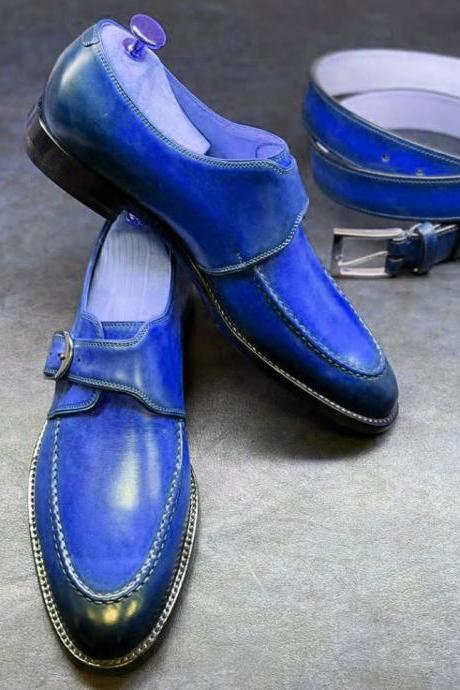 Handmade Men Customize Designer Party Look Blue Tone Monk Shoes in Genuine Leather