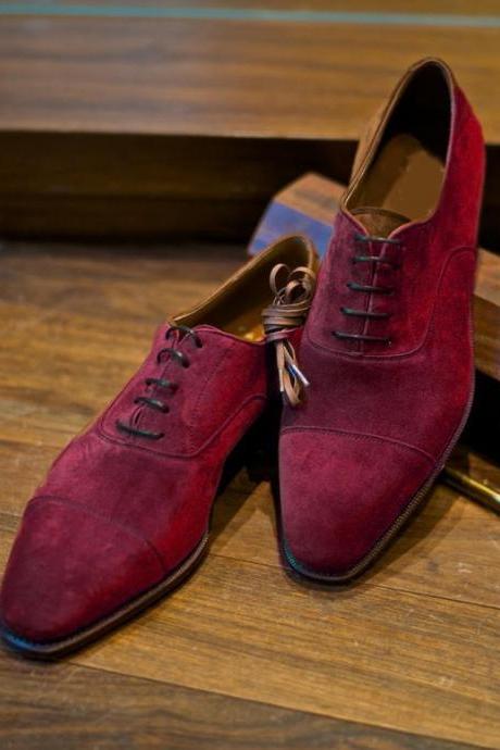 Handmade Customize Decent Stylish Party Look Burgundy Cap Toe Lace Up Designer Shoes In Genuine Suede