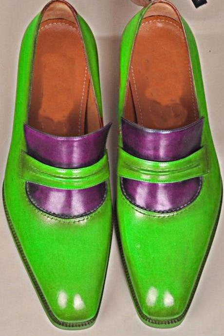 Hand Made Customize Men Casual Dressing Green Purplish Fashion Leather Loafer Shoes