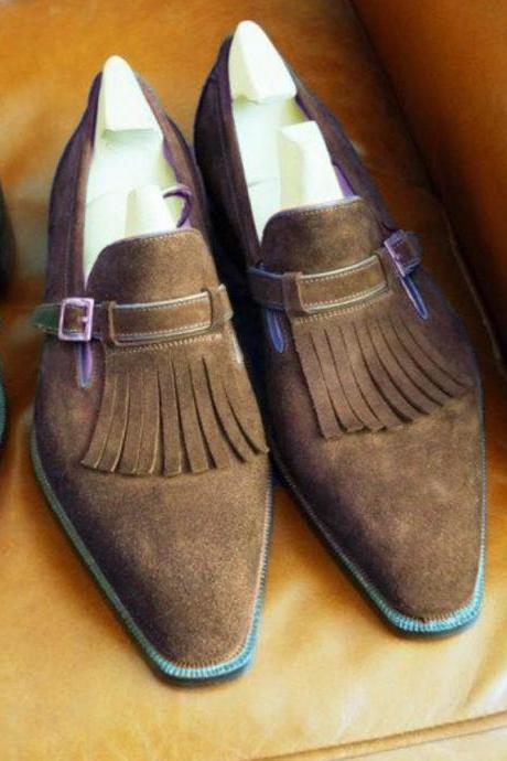 Ready to Wear Handmade Men Formal Brown Fringe Monk Loafer Suede Shoes