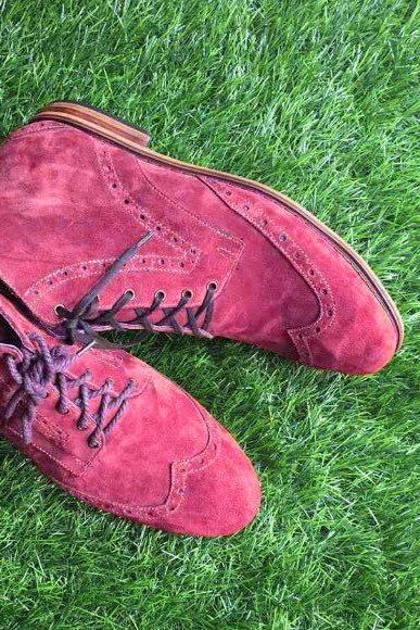 Ready to Wear Handmade Customize Formal Looking Burgundy Wing Tip Ankle High Lace Up Boot in Genuine Suede