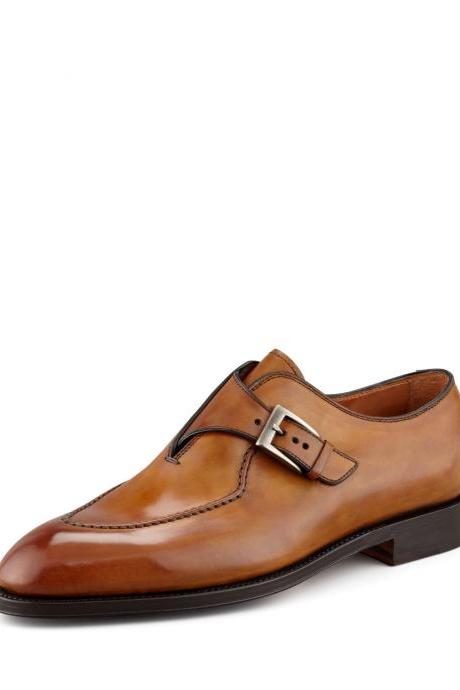 Ready to Wear Handmade Men's Tan Color Lather Shoes,Men's Monk Strap Designer Shoes