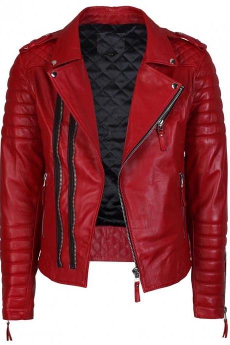 Stylish Handmade Man's Red Soft Leather Jacket Slim Fit Men Biker Motorcycle