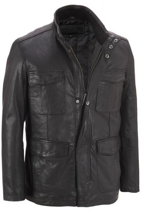 Men Genuine Leather Black Four Pocket Looks Men Formal Wear Jacket