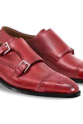 Handmade Men Red Monk Oxford Cap Toe Formal Shoes, Red Leather Shoes