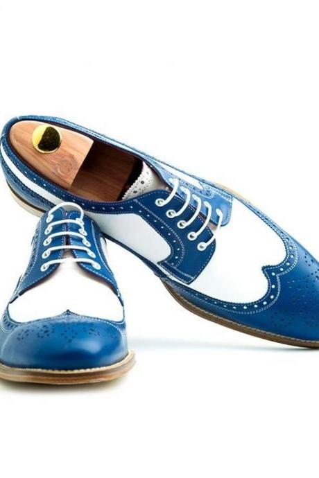Handmade Oxford Brogue Blue White Wing Tip Formal Lace Up Shoes
