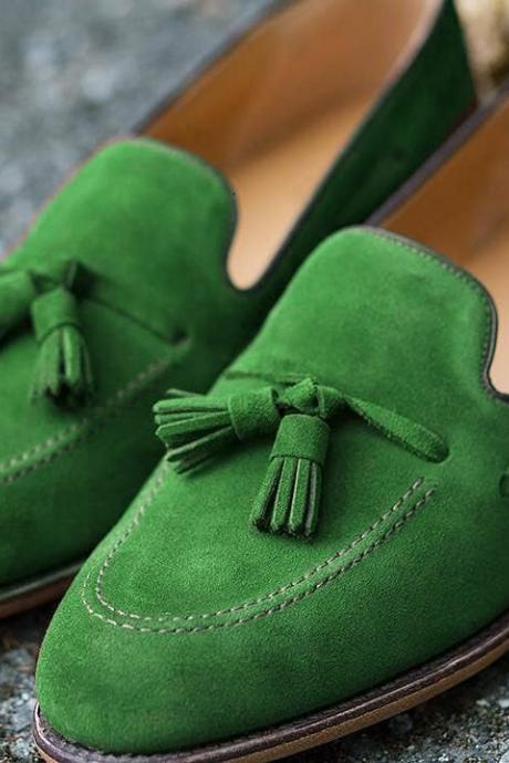 Green Suede Men Handmade Tassels Loafer Slips On Shoes