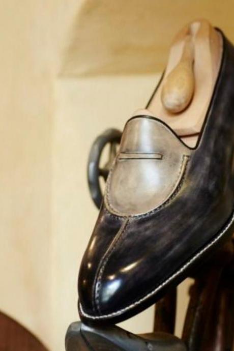 Black Gray Split Toe Loafer Moccasin Shoes Handmade 