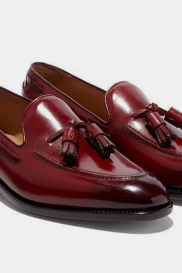 Burgundy Tassels Loafer Slips On Handmade Shoes 