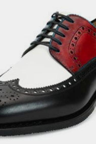 Men Handmade Black Red White Wing Tip Oxfords Lace Up Shoes
