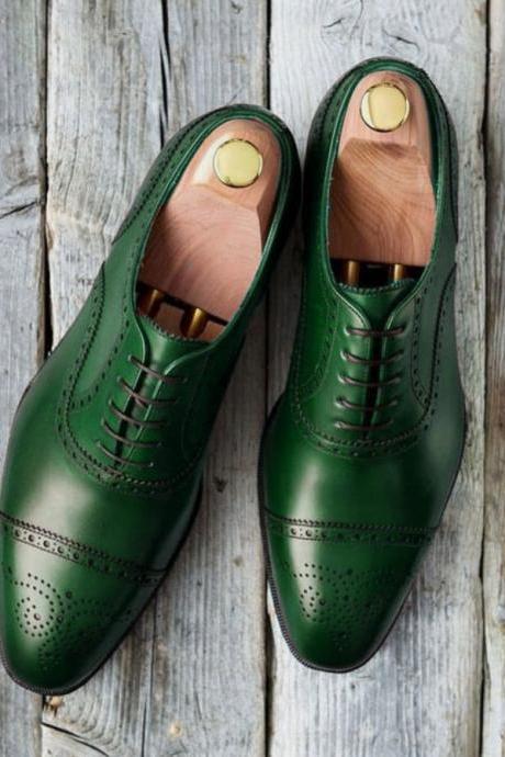 Green Leather Cap Toe Oxford Handmade Shoes