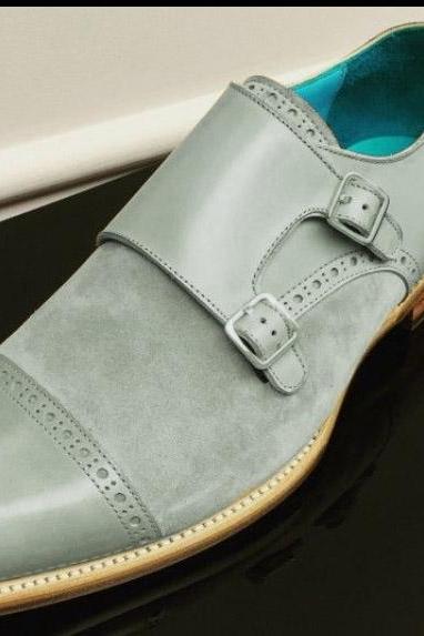 Handmade Men Gray Oxford Fashion Cap Toe Monk Shoes