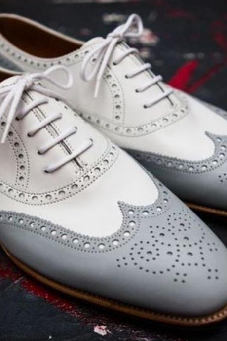 Men Handmade White Gray White Wing Tip Oxfords Lace Up Shoes