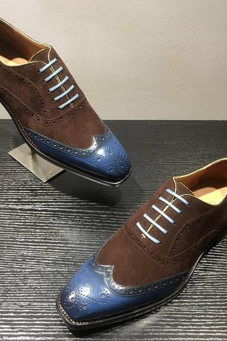 Men Handmade Blue Brown Wing Tip Oxfords Lace Up Shoes