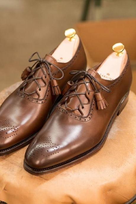 Men Handmade Brown Brogue Oxfords Lace Up Shoes
