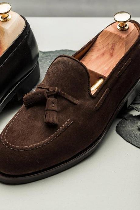 Dark Brown Suede Men Tassels Moccasin Shoes Handmade