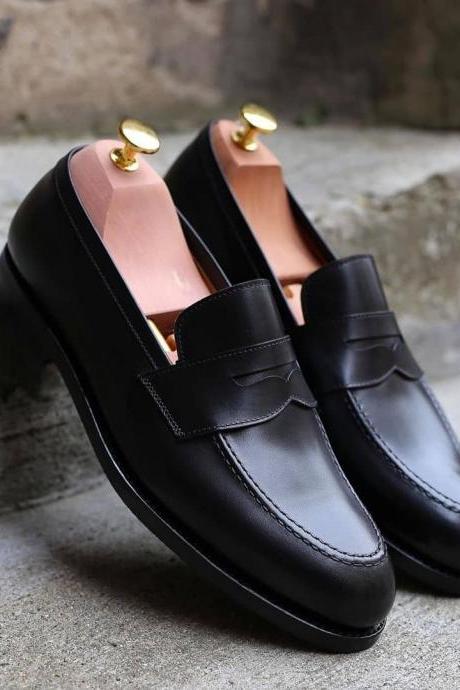 Black Office Dress Up Penny Loafer Slips ON Black Leather Handmade Shoes