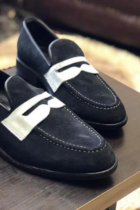 Black Office Dress Up Penny Loafer Slips ON Black SuedeHandmade Shoes