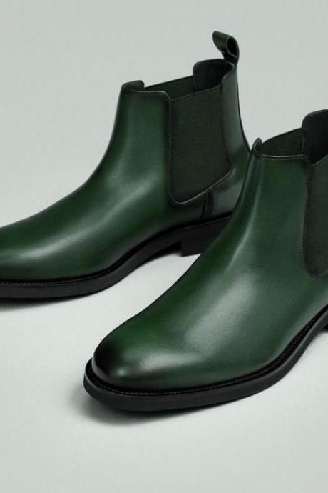 Handmade Green Leather Chelsea Ankle High Boot All Sizes Available