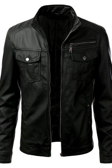 New Black Men Genuine Faux Leather Double Front Pocket Fashion Jacket