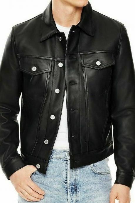 New Black Men Genuine Faux Leather Double Front Pocket Button Fashion Jacket
