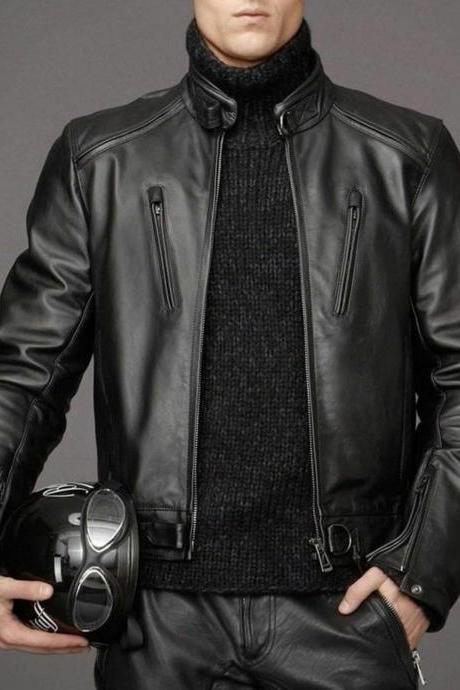 New Black Men Genuine Faux Leather Vertical Zipper Fashion Jacket