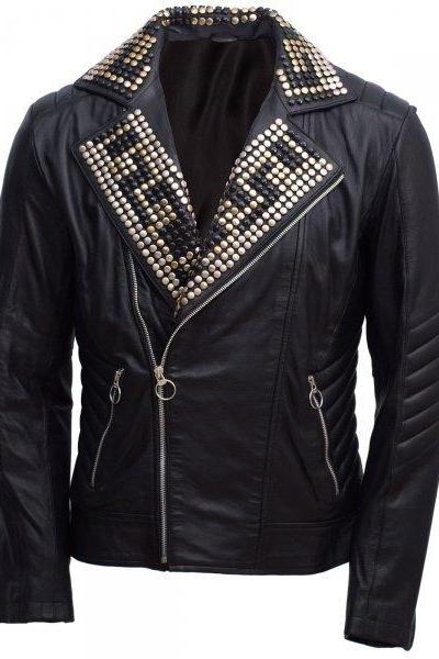 Black Multi Studded Leather Biker Leather Jacket