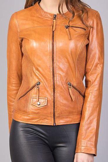 Handmade Women Tan Leather O Neck Zipper Best Fitting Fashion Jacket