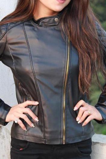 Women Biker Black Genuine Fashion Leather Zipper Jacket Handmade