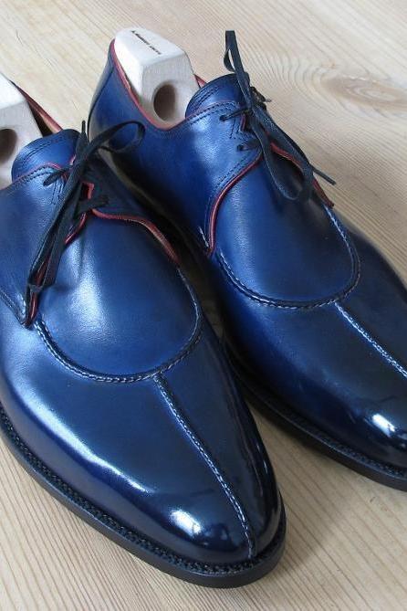 Handmade Navy Blue Leather Split Toe Lace Up Men&amp;amp;amp;#039;s Formal Shoes