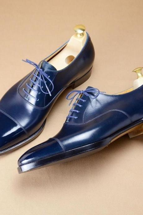 Handmade Leather Oxford Navy Blue Color Cap Toe Formal Dress Shoes For Men's