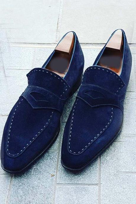 Handmade Navy Blue Color Suede Penny Loafer Slipper Party Dress Men's Fashion Moccasin Shoes