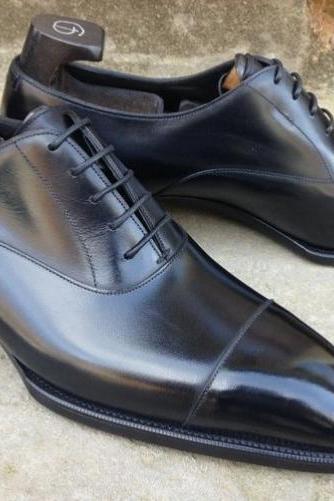 Handmade Leather Oxford Black Color Cap Toe Formal Dress Shoes For Men's