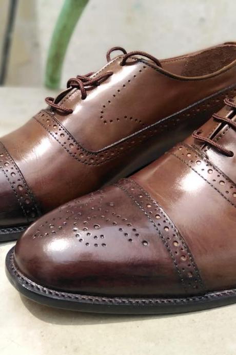 Handmade Dark Brown Cap Toe Leather Brogue Lace Up Shoes