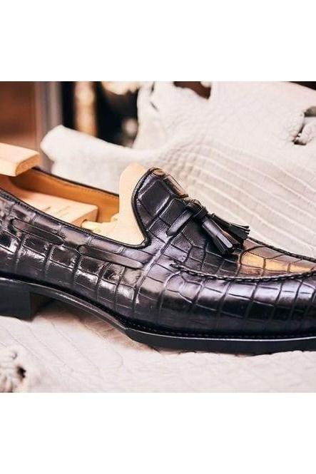 Men Handmade Alligator Skin Shipped Loafer Shoes