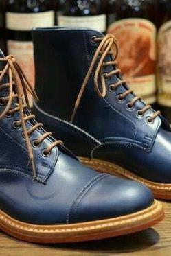 Handmade Really Impressive Working Wear Navy Blue Boot For Men Cap Toe Style