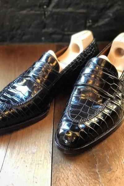 Handmade Black Crocodile Skin Loafer Style Quality Leather Shoes