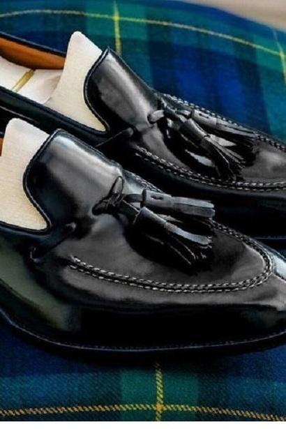 Handmade Mens Seven Star Moccasin Tassels Loafer Black Tuxedos Shoes Handmade Edition