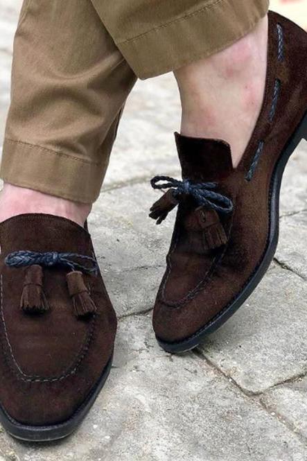 New Trendy Handmade Chocolate Brown Tassels Loafer Shoes, Best Suede Shoes For Men's