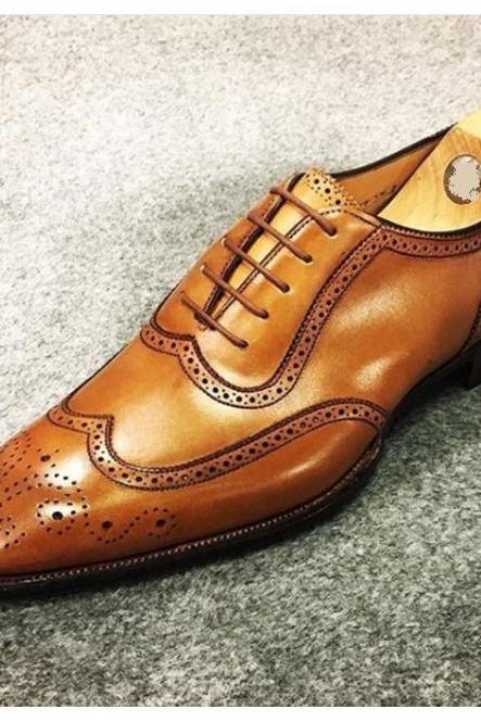 Elegant Handmade Tan Brown Wingtip Oxford Shoes, Men's Genuine Leather Lace Up Shoes