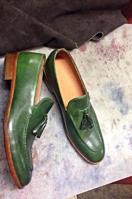 Best Hand Stitched Green Color Tassels Loafer Shoes, Men&amp;amp;#039;s Genuine Leather Shoes