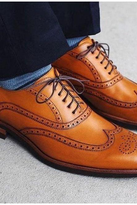 Awesome Handmade Tan Brown Wingtip Oxford Shoes, Men's Genuine Leather Lace Up Shoes