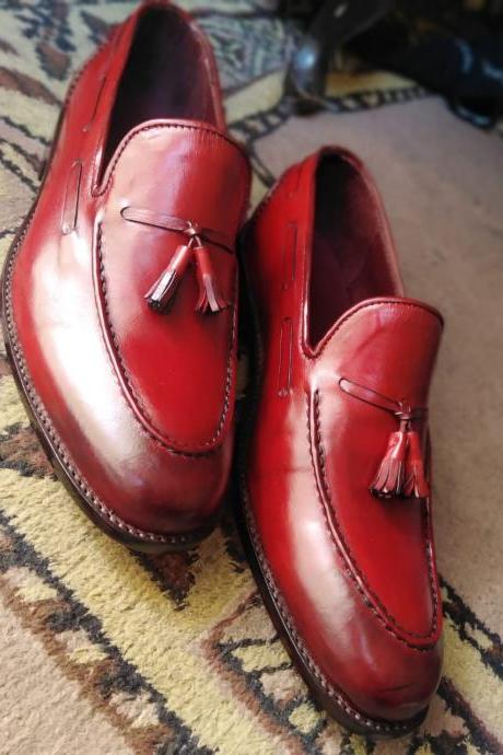 Red Color Tassels Loafer Shoes, Men&amp;amp;#039;s Leather Shoes