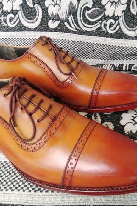 Luxury Hand Stitched Brown Cap Toe Lace Up Genuine Leather Shoes
